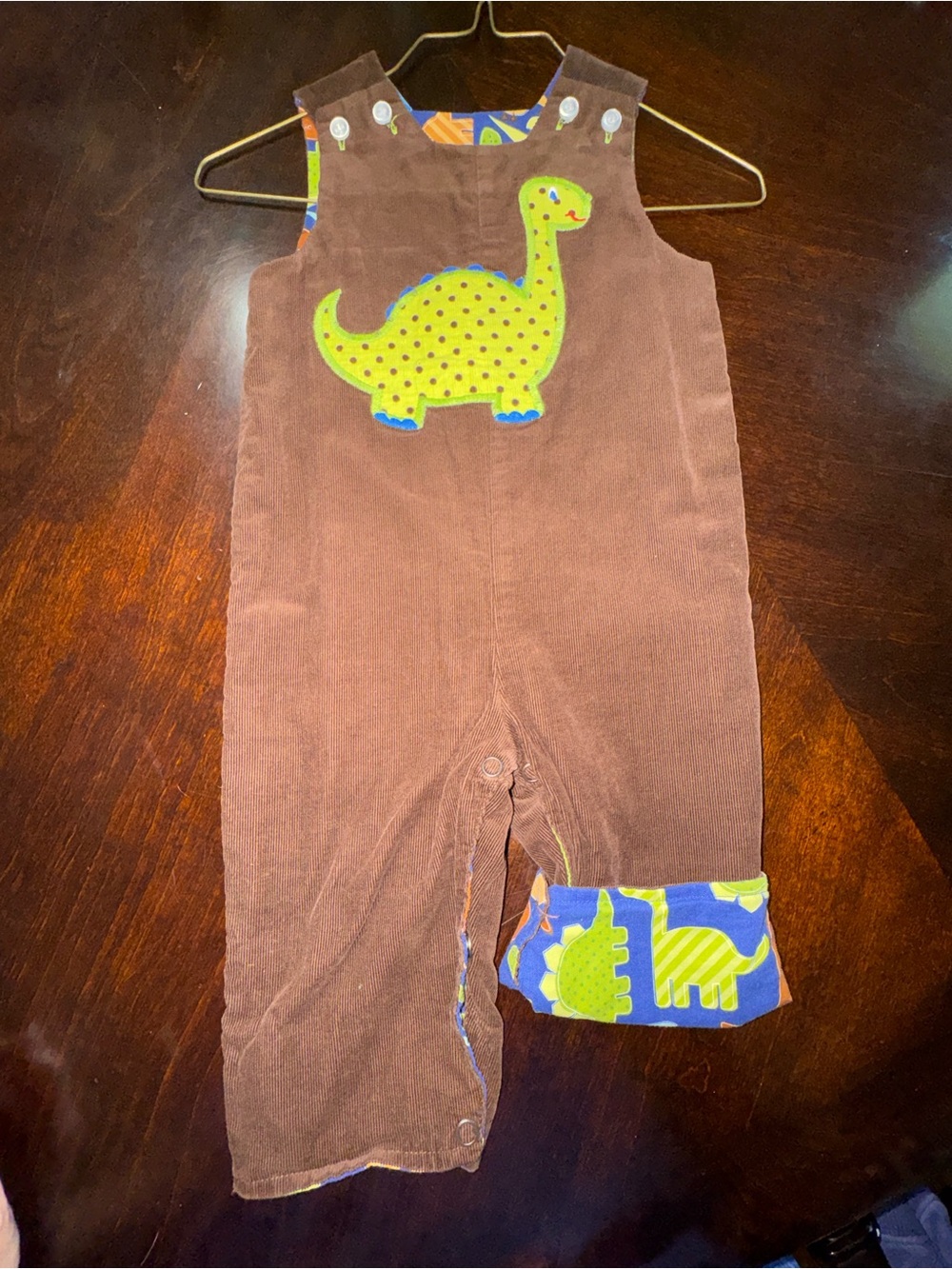 Brown Corduroy Kids One-Piece with Green Dinosaur Applique It’s Reversible